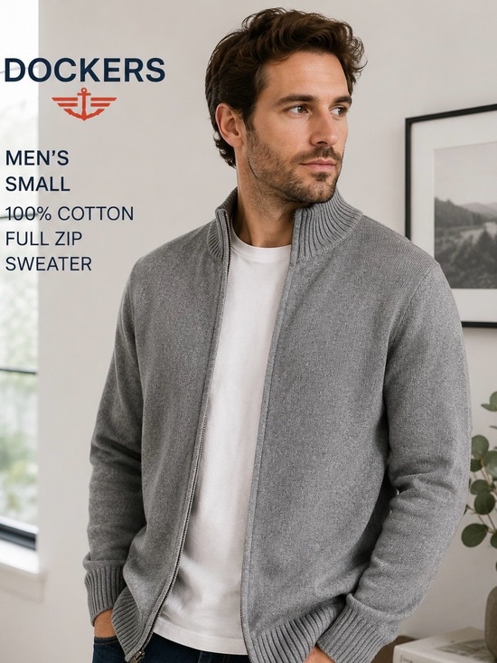 Dockers Other - Dockers Men’s Small Gray 100% Cotton Full Zip Mock Neck Sweater Small